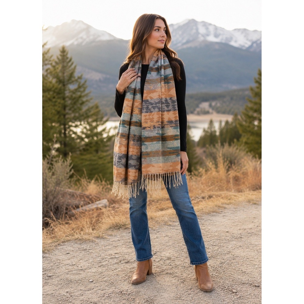 Baby Alpaca Cashmere Striped Woven Fringe Rectangle Scarf Blue/Orang/Beige 72x30